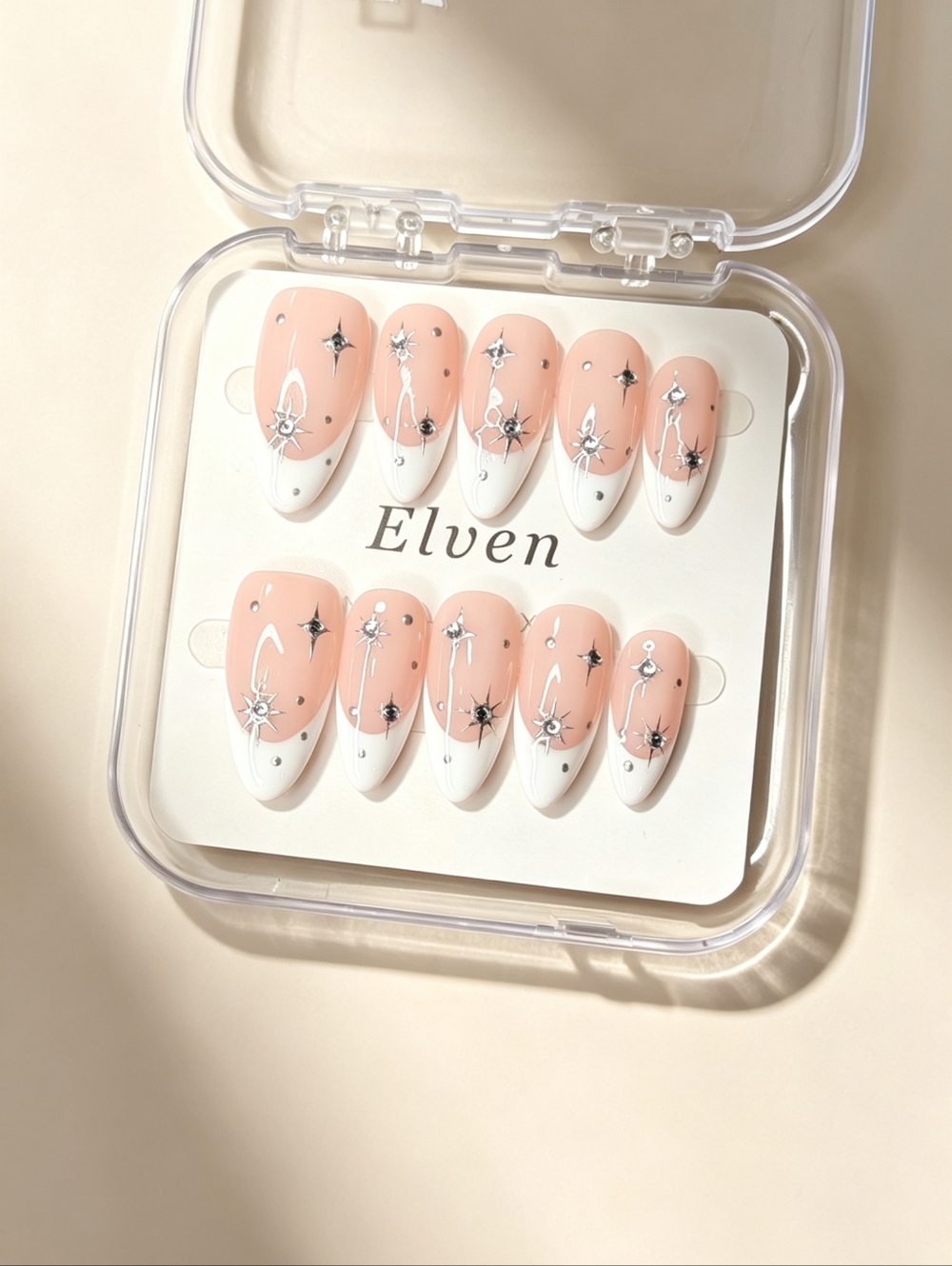 Elven Pink and White French Tips Handmade Press On Nails Medium Almond